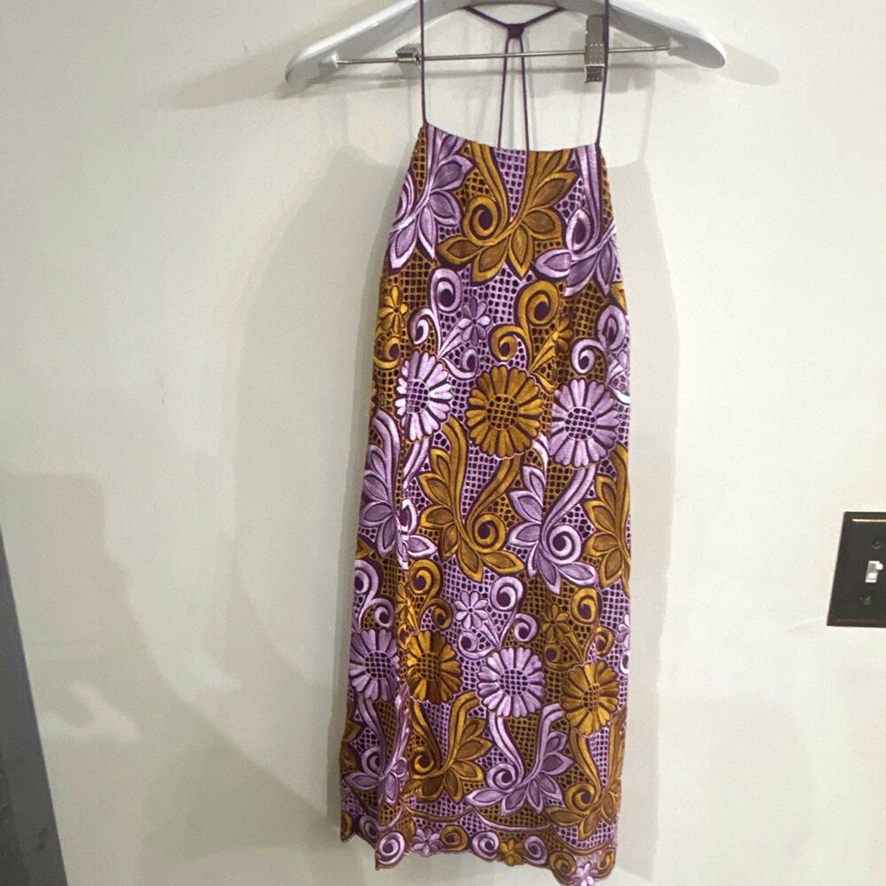 Anthropologie Purple/Gold Floral Maxi Dress V-Neck Spaghetti Strap Zip 4